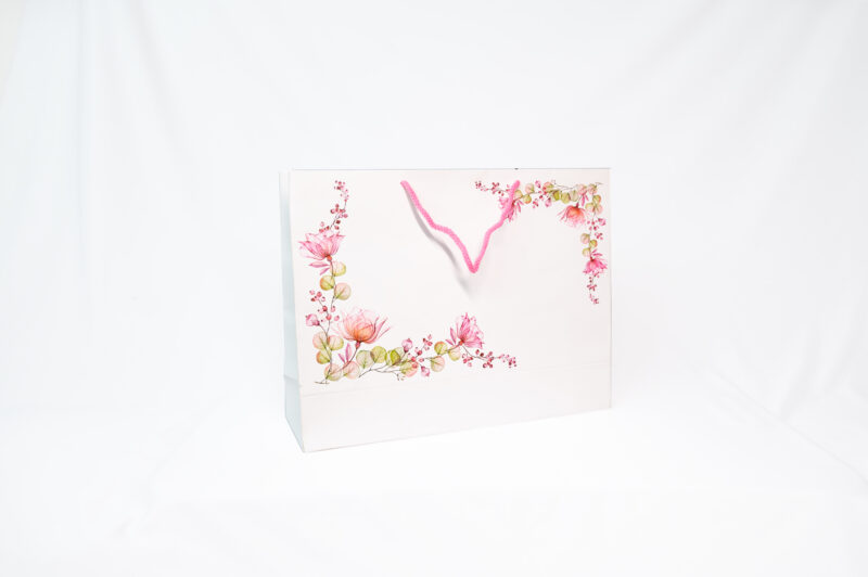 Paper Bag With White and Pink Floral Design Pack Of 50(13"x10"x4")(50)